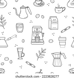 Hand drawn seamless pattern of coffee makers, different coffee cup, machine, pot, kettle, cezve, bean. Coffee brewing elements in doodle sketch style. Vector background, wallpaper, backdrop
