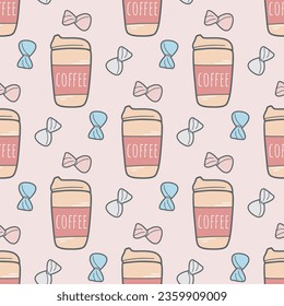 Hand drawn seamless pattern of coffee and candy. Cute takeaway coffee background with chocolate truffle. Coffee shop print for textile, packaging, paper and product design, vector illustration