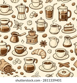 Hand drawn seamless pattern with coffee cups, teapots and coffee beans