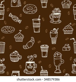 Hand drawn seamless pattern with coffee cups, cookies, coffee beans and cupcakes. Vector illustration