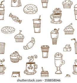 Hand drawn seamless pattern with coffee cups, coffee beans, cookies and cupcakes. Vector illustration