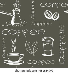 Hand drawn seamless pattern with coffee cups, cezve, beans, leaves and lettering. Sketchy wrapping texture. Vector eps8 illustration.