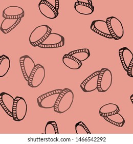 Hand Drawn seamless pattern coins doodle. Sketch style icon. Decoration element. Isolated on white background. Flat design. Vector illustration.