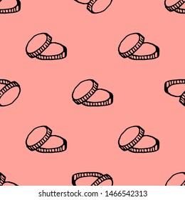 Hand Drawn seamless pattern coins doodle. Sketch style icon. Decoration element. Isolated on white background. Flat design. Vector illustration.