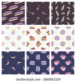 Hand drawn seamless pattern collection. Vector sweets textures isolated on colored background. For wallpaper, packaging, posters, cards or other design.