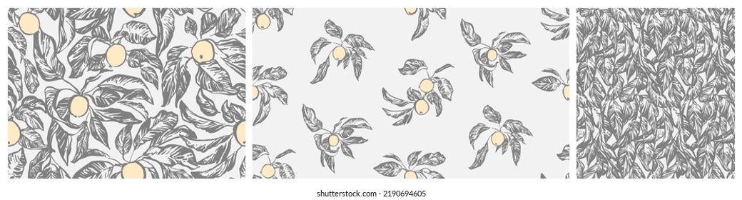 Hand drawn seamless pattern collection. Vector apple branch, leaves. Endless sketch background set.