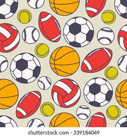Hand drawn seamless pattern with collection of sports equipment. Design background vector. Colorful illustration with balls icons. Decorative wallpaper, good for printing