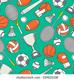 Hand drawn seamless pattern with collection of sports equipment. Design background vector. Colorful illustration with set of sport icons. Decorative wallpaper, good for printing