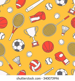Hand drawn seamless pattern with collection of sports equipment. Design background vector. Colorful illustration with set of sport icons. Decorative wallpaper, good for printing