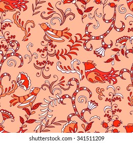 Hand drawn seamless pattern with collection of birds and flowers. Design background vector. Colorful illustration with set of fabulous elements. Decorative wallpaper, good for printing