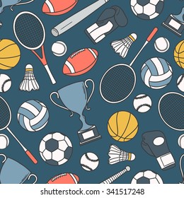 Hand drawn seamless pattern with collection of sports equipment. Design background vector. Colorful illustration with set of sport icons. Decorative wallpaper, good for printing