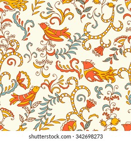 Hand drawn seamless pattern with collection of birds and flowers. Design background vector. Colorful illustration with set of fabulous elements. Decorative wallpaper, good for printing