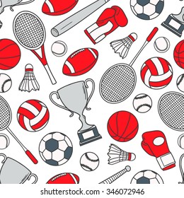 Hand drawn seamless pattern with collection of sports equipment. Design background vector. Colorful illustration with set of sport icons. Decorative wallpaper, good for printing
