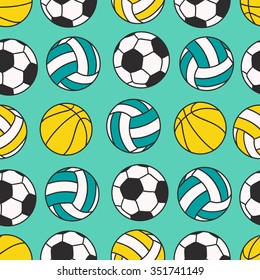 Hand drawn seamless pattern with collection of sports equipment. Design background vector. Colorful illustration with balls icons. Decorative wallpaper, good for printing