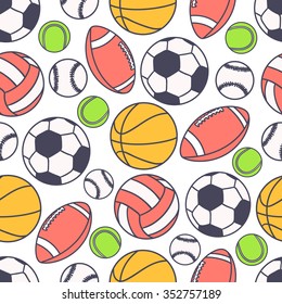 Hand drawn seamless pattern with collection of sports equipment. Design background vector. Colorful illustration with balls icons. Decorative wallpaper, good for printing