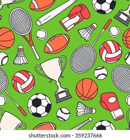 Hand drawn seamless pattern with collection of sports equipment. Design background vector. Colorful illustration with set of sport icons. Decorative wallpaper, good for printing