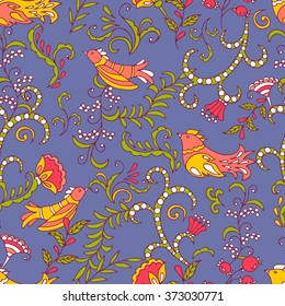 Hand drawn seamless pattern with collection of birds and flowers. Design background vector. Colorful illustration with set of fabulous elements. Decorative wallpaper, good for printing
