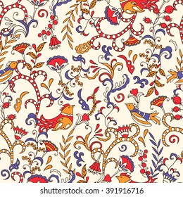 Hand drawn seamless pattern with collection of birds and flowers. Design background vector. Colorful illustration with set of fabulous elements. Decorative wallpaper, good for printing