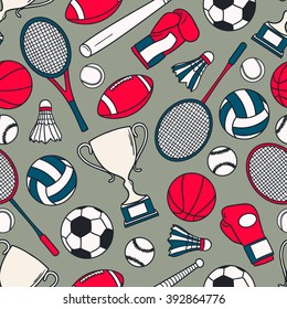 Hand drawn seamless pattern with collection of sports equipment. Design background vector. Colorful illustration with set of sport icons. Decorative wallpaper, good for printing