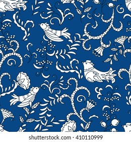 Hand drawn seamless pattern with collection of birds and flowers. Design background vector. Colorful illustration with set of fabulous elements. Decorative wallpaper, good for printing