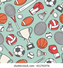 Hand drawn seamless pattern with collection of sports equipment. Design background vector. Colorful illustration with set of sport icons. Decorative wallpaper, good for printing