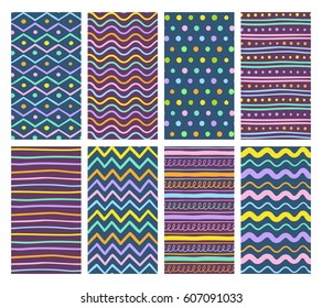 Hand drawn seamless pattern collection on dark background. Abstract lines and dots. Colorful pattern. EPS10 vector.