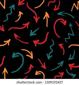 Hand drawn seamless pattern color arrow illustration  on white background. Seamless vector pattern with black hand drawn arrows  on a white background. Great for label, print, packaging, fabric.