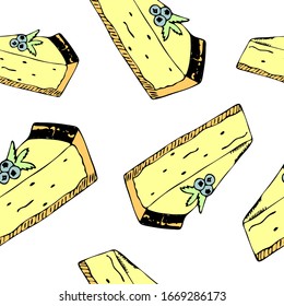 Hand drawn seamless pattern of color cheese cake pattern. Vector illustration for bakery design.