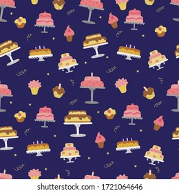 Hand drawn seamless pattern with  colored cakes on a blue background . Happy Birthday. Vector Illustration. Perfect for happy birthday ,postcards, congratulations,wrapping