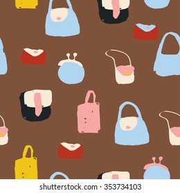 Hand drawn seamless pattern with colored  handbag