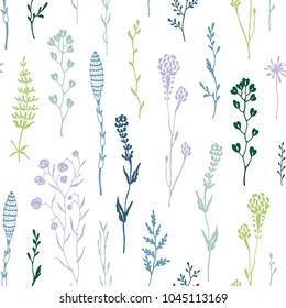 Patrón sin fisuras dibujado a mano con coloridas plantas de pradera. Ilustración de la naturaleza vectorial en estilo rústico.
