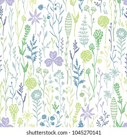Patrón sin fisuras dibujado a mano con coloridas plantas de pradera. Ilustración vectorial de verano sobre fondo blanco.