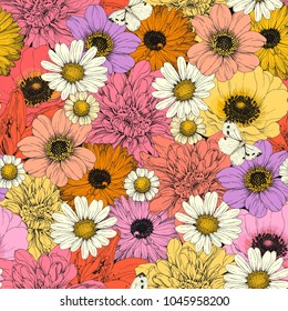 Hand drawn seamless pattern with colorful buds flowers Chamomile, Dahlia, Lily and Anemone. Vector bright illustration with flying butterflies.