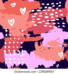 Hand drawn seamless pattern. Colorful  repeat pattern with heart, polka dot and brushstroke shape. 