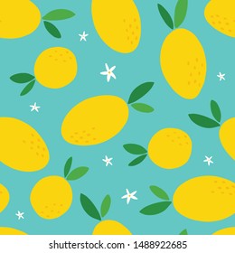 Hand drawn seamless pattern of colorful citrus lemon in doodle sketch style. Perfect for textile, fabric, wallpaper, poster, etc.