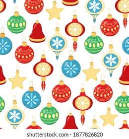 Hand drawn seamless pattern of colorful decorative glass Christmas tree balls. Happy New Year and Christmas drop ornaments holiday illustration for greeting card, invitation, wallpaper, wrapping paper