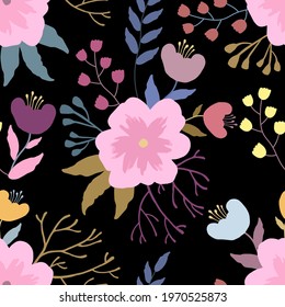 Hand drawn seamless pattern with colorful flowers and plants on a black background. Vector Illustration