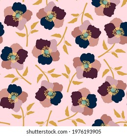 Hand drawn seamless pattern with colorful flowers on a pink background. Vector Illustration