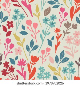 Hand drawn seamless pattern with colorful flowers and plants on a light green background. Vector Illustration