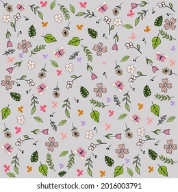 Hand drawn seamless pattern with colorful flowers, and butterfly on background