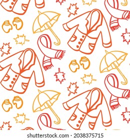 Hand drawn seamless pattern with colorful line clothes and leaves isolated on white background. Vector illustration.