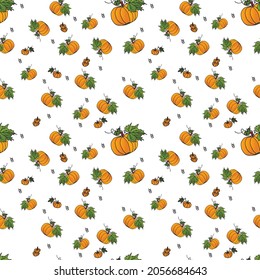 Hand drawn seamless pattern. Colorful pumpkins on a transparent background. Vector illustration.