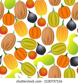 Hand drawn seamless pattern with colorful pumpkins. Decorative holidays background.