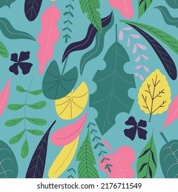 Hand drawn seamless pattern with colorful bright tropical leaves and plants in flat style