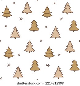 Hand drawn seamless pattern of colorful christmas trees, snowflakes and decorations on white background. Doodle cartoon style. Happy New Year. Boho color.