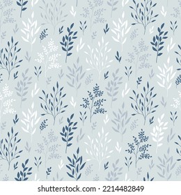 Hand drawn seamless pattern of colorful branches with leaves. Winter floral cozy collection. Christmas decorative illustration for greeting card, wallpaper, wrapping paper, fabric, packaging