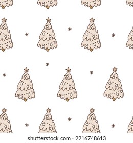 Hand drawn seamless pattern of colorful christmas trees, snowflakes and decorations on white background. Vector doodle cartoon style. Boho color. Happy New Year. 
