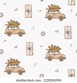 Hand drawn seamless pattern of colorful car with christmas tree, gift box and decorations on white background. Vector doodle cartoon style. Boho color. Happy New Year.