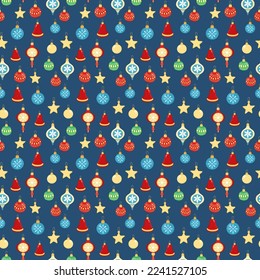 Hand drawn seamless pattern of colorful decorative glass Christmas tree balls. Happy New Year and Christmas drop ornaments holiday illustration for greeting card, invitation, wallpaper, wrapping paper