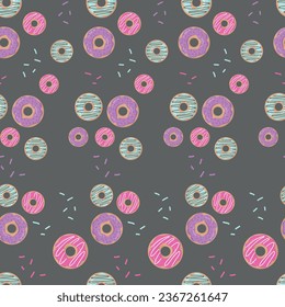 Patrón sin fisuras dibujado a mano con coloridos donuts acristalados sobre un fondo oscuro. Ilustración del vector